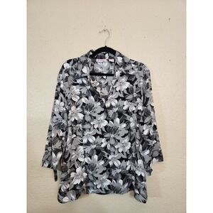 Joanna‎ Plus Womens 2X Black White Floral Blouse Button Front 3/4 Sleeve Top